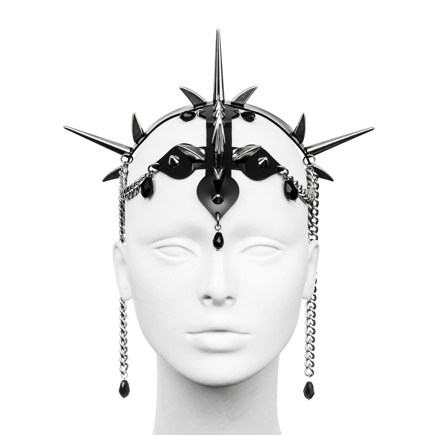 BLESSED Headdress with inverted cross in black PVC adorned with silver spikes, chains, and black glass beads from the front