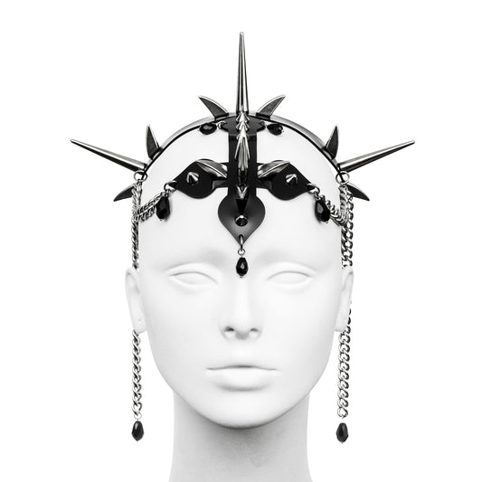Gothic headdress with a black PVC headband, three spike clusters, an inverted cross with spikes, and stainless steel chains with black glass beads.