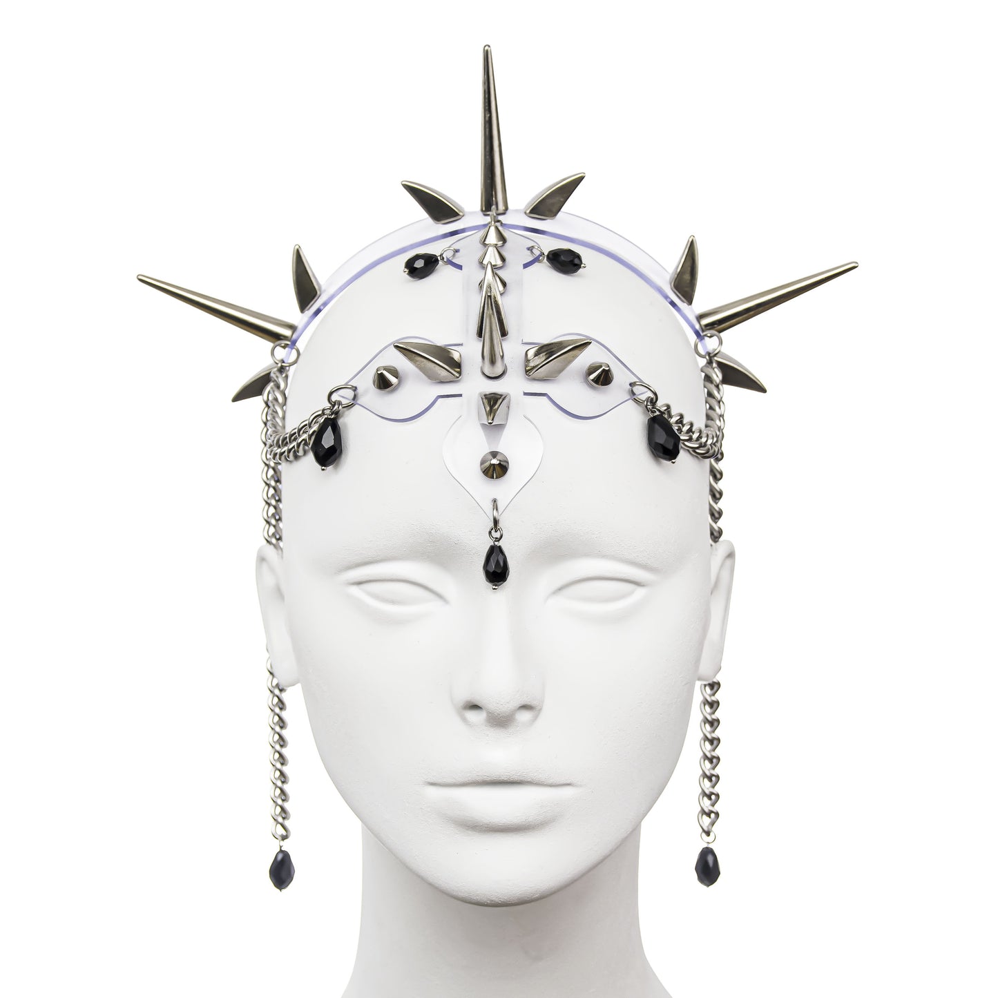 BLESSED Headdress with inverted cross in Clear PVC adorned with silver spikes, chains, and black glass beads from the front