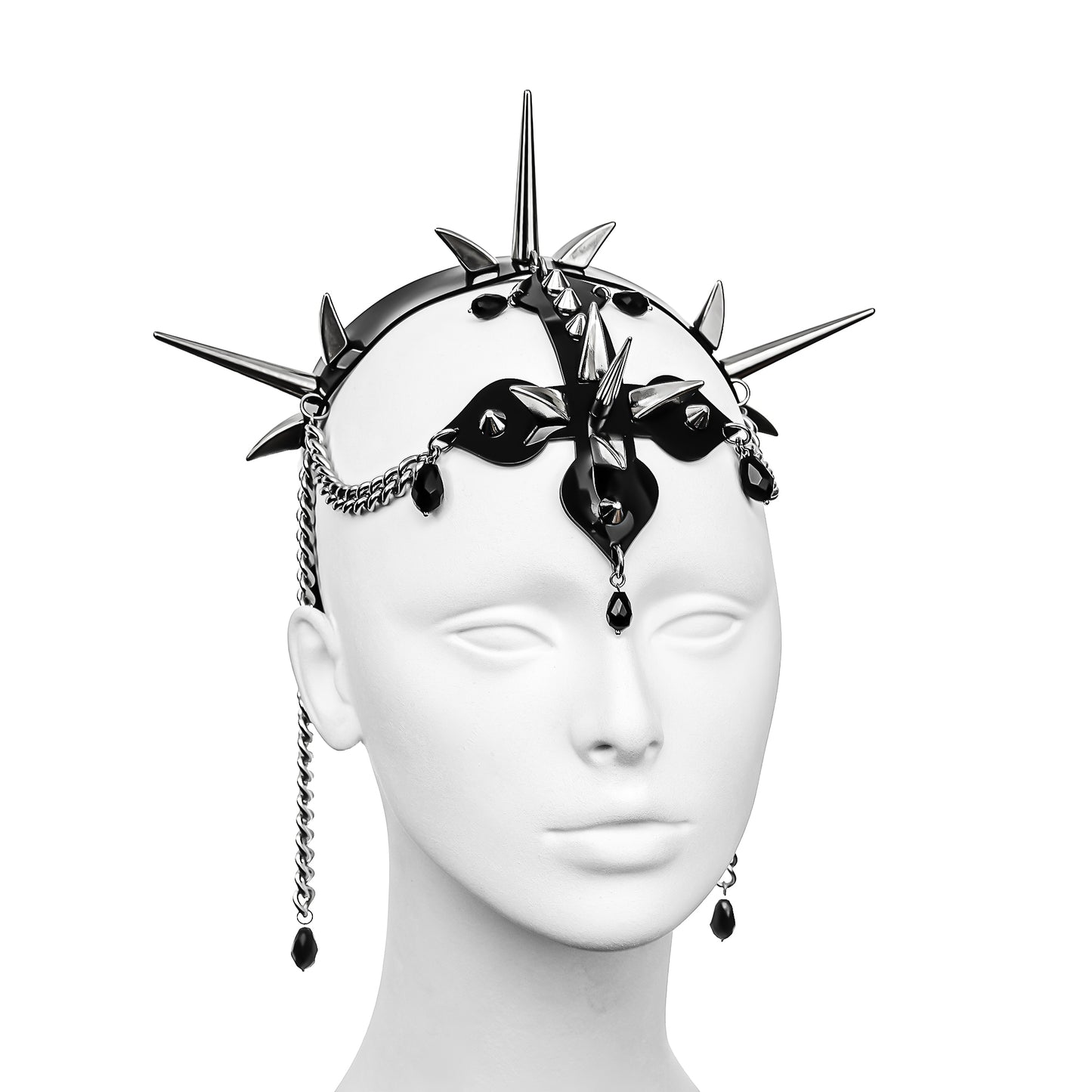 Elegant black PVC headdress featuring metallic spikes, an inverted cross, and elaborate chain detailing adorned with obsidian glass teardrops - a distinctive accessory for alternative couture.