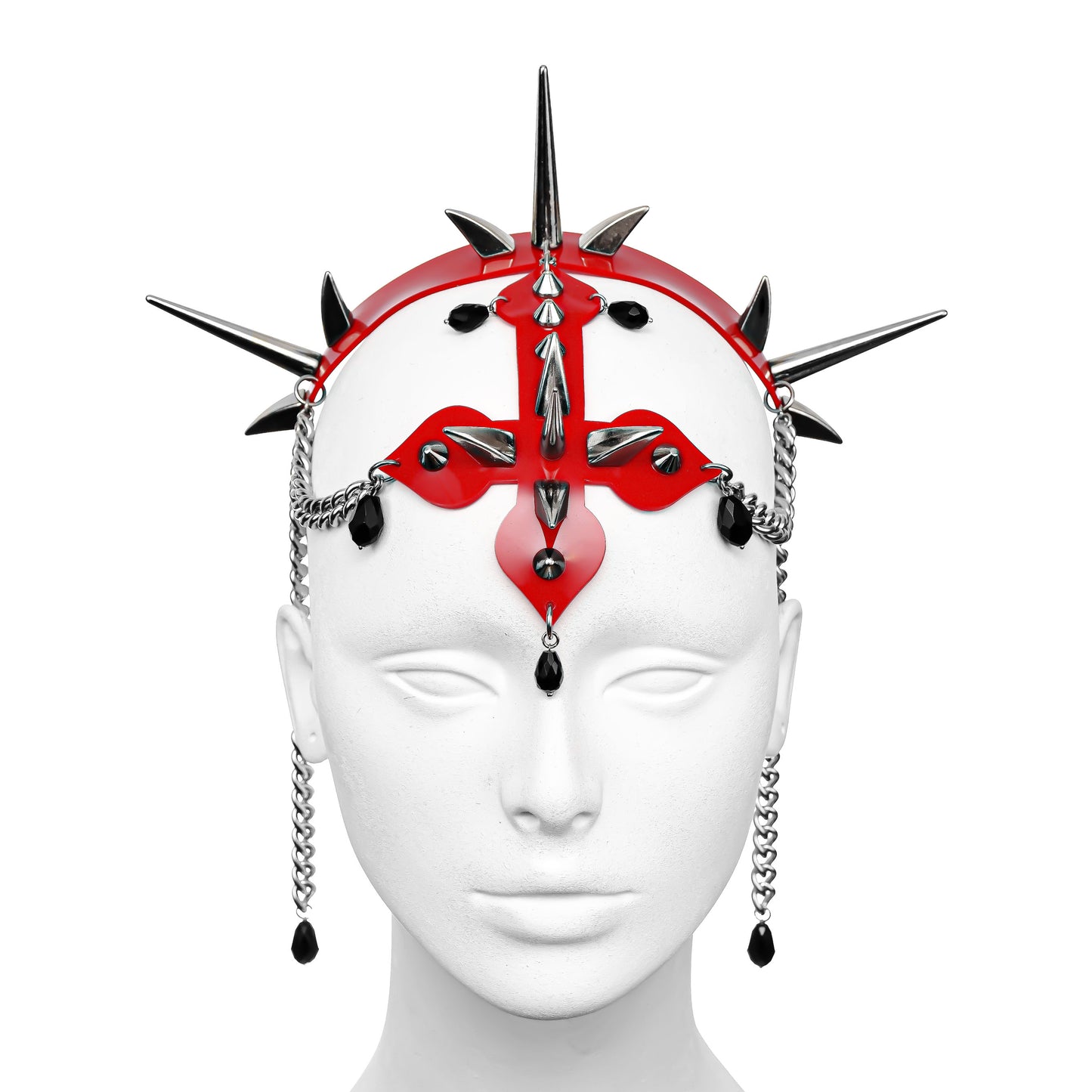 BLESSED Headdress with inverted cross in Red PVC adorned with silver spikes, chains, and black glass beads from the front