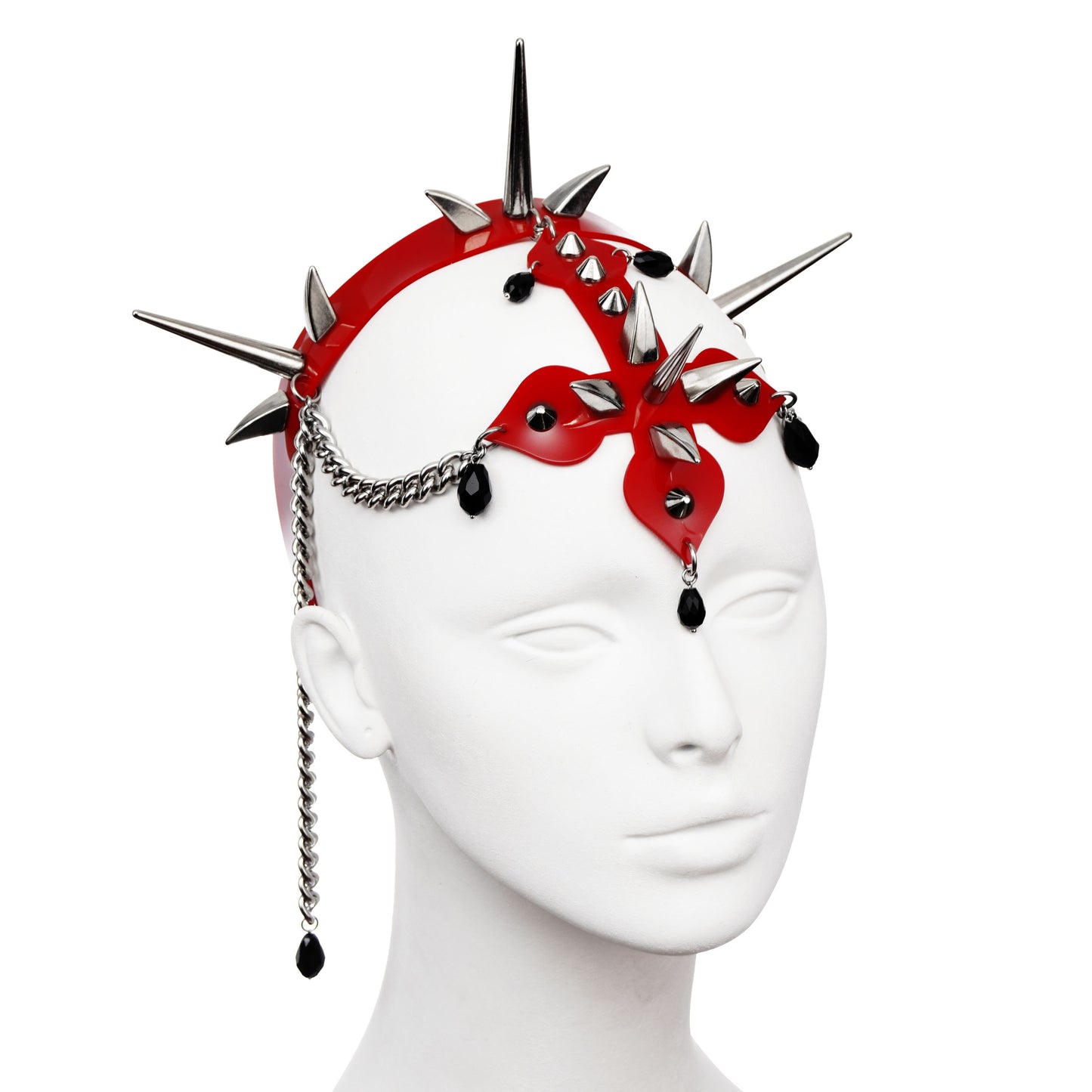 BLESSED Headdress with inverted cross in Red PVC adorned with silver spikes, chains, and black glass beads from the left