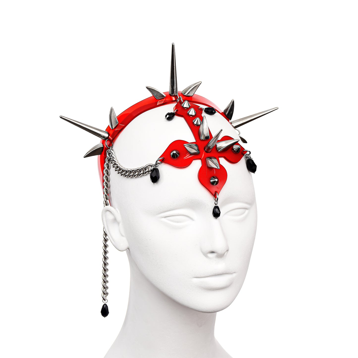 Dramatic red translucent PVC headpiece embellished with silver spikes, a Gothic inverted cross centrepiece, and metal chains decorated with black glass teardrop pendants - a bold statement piece for avant-garde fashion