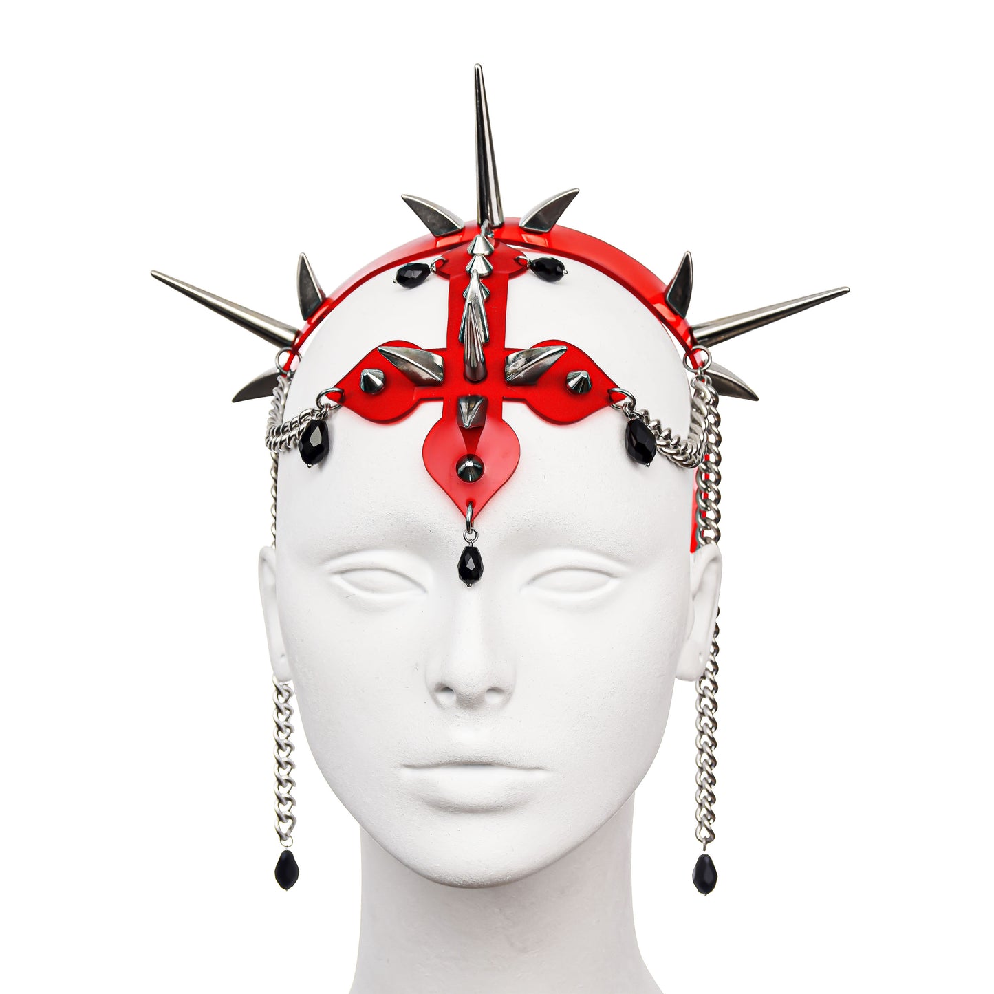 BLESSED Headdress with inverted cross in Translucent Red PVC adorned with silver spikes, chains, and black glass beads from the front