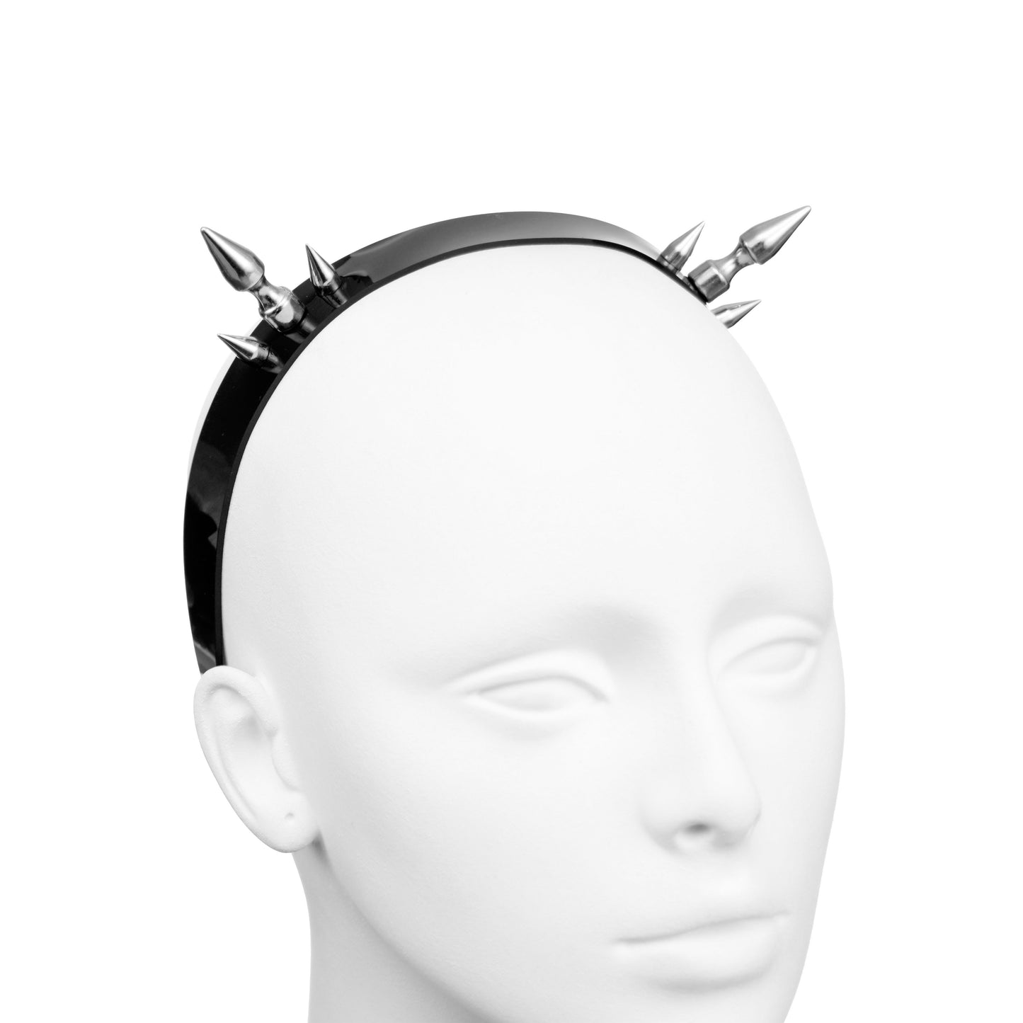 Gothic black PVC headband with two clusters of three spikes.