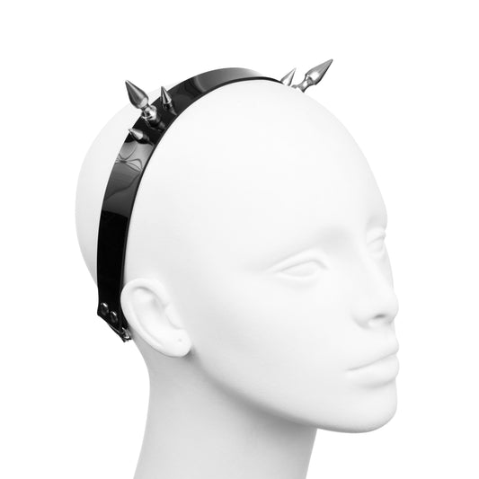 Profile of black gothic PVC headband with two clusters of three spikes.