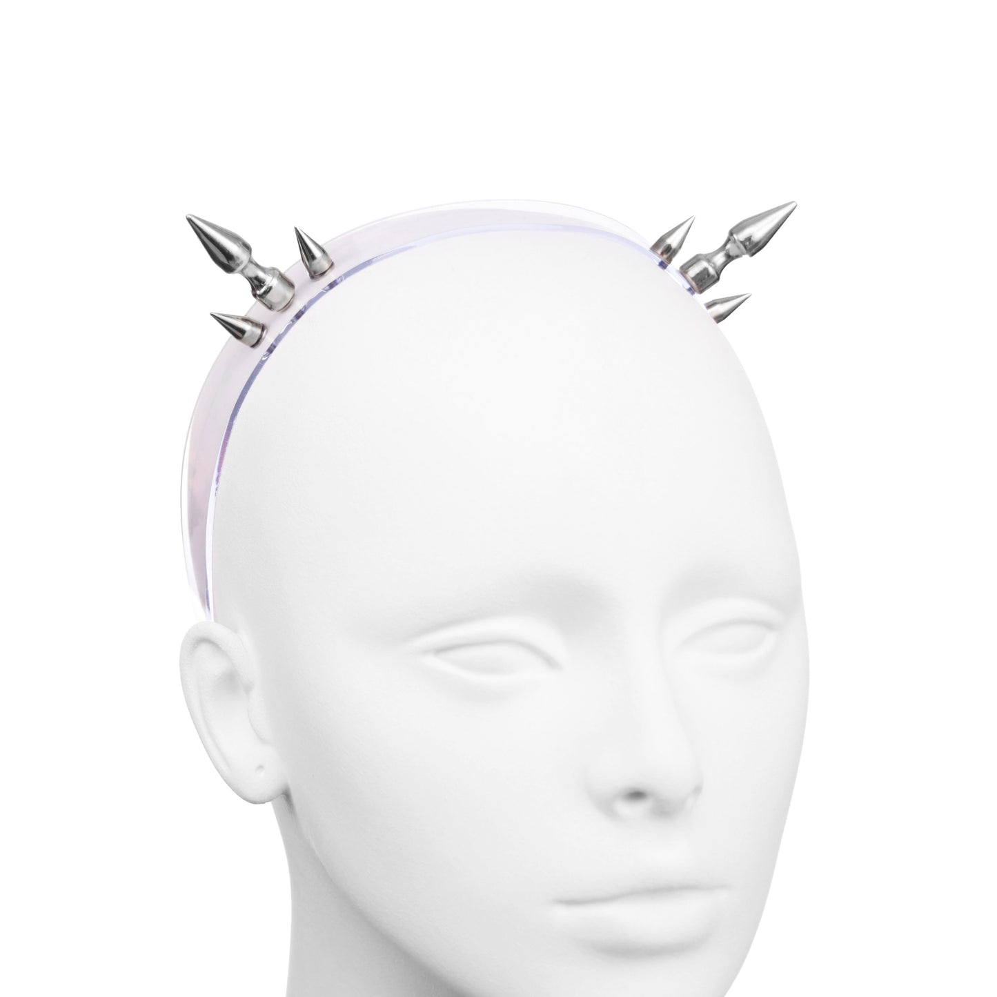 Clear gothic PVC headband with two clusters of three spikes.