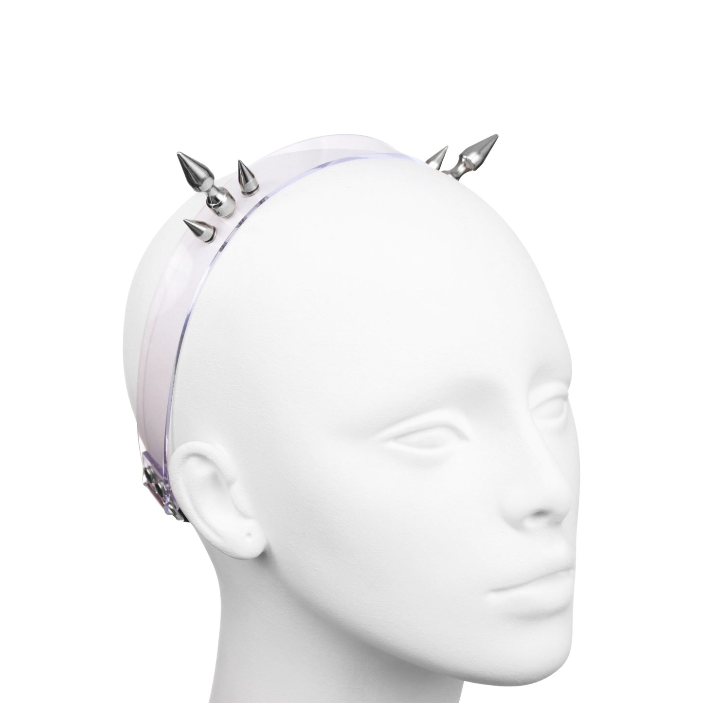 Profile of clear gothic PVC headband with two clusters of three spikes.