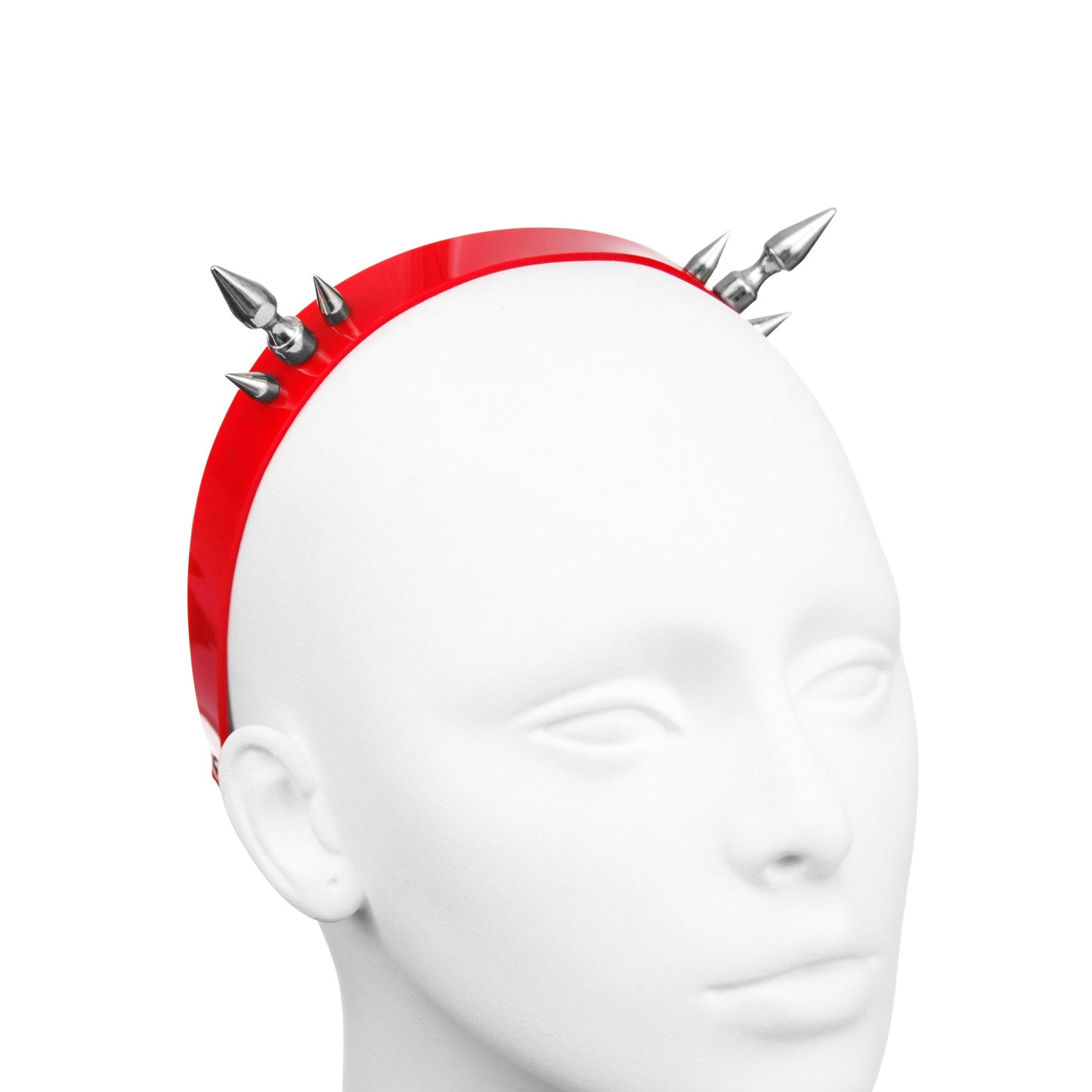Red gothic PVC headband with two clusters of three spikes.