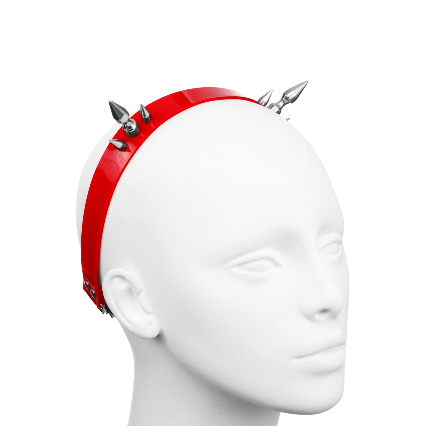 Profile of red gothic PVC headband with two clusters of three spikes.