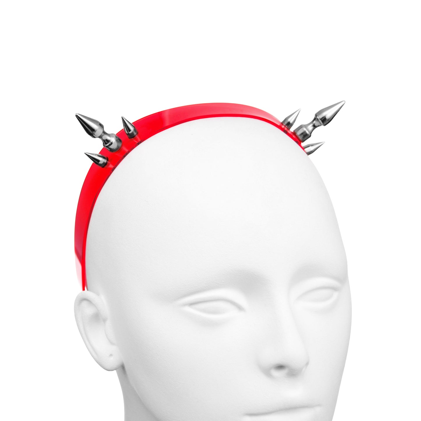 Translucent red gothic PVC headband with two clusters of three spikes.
