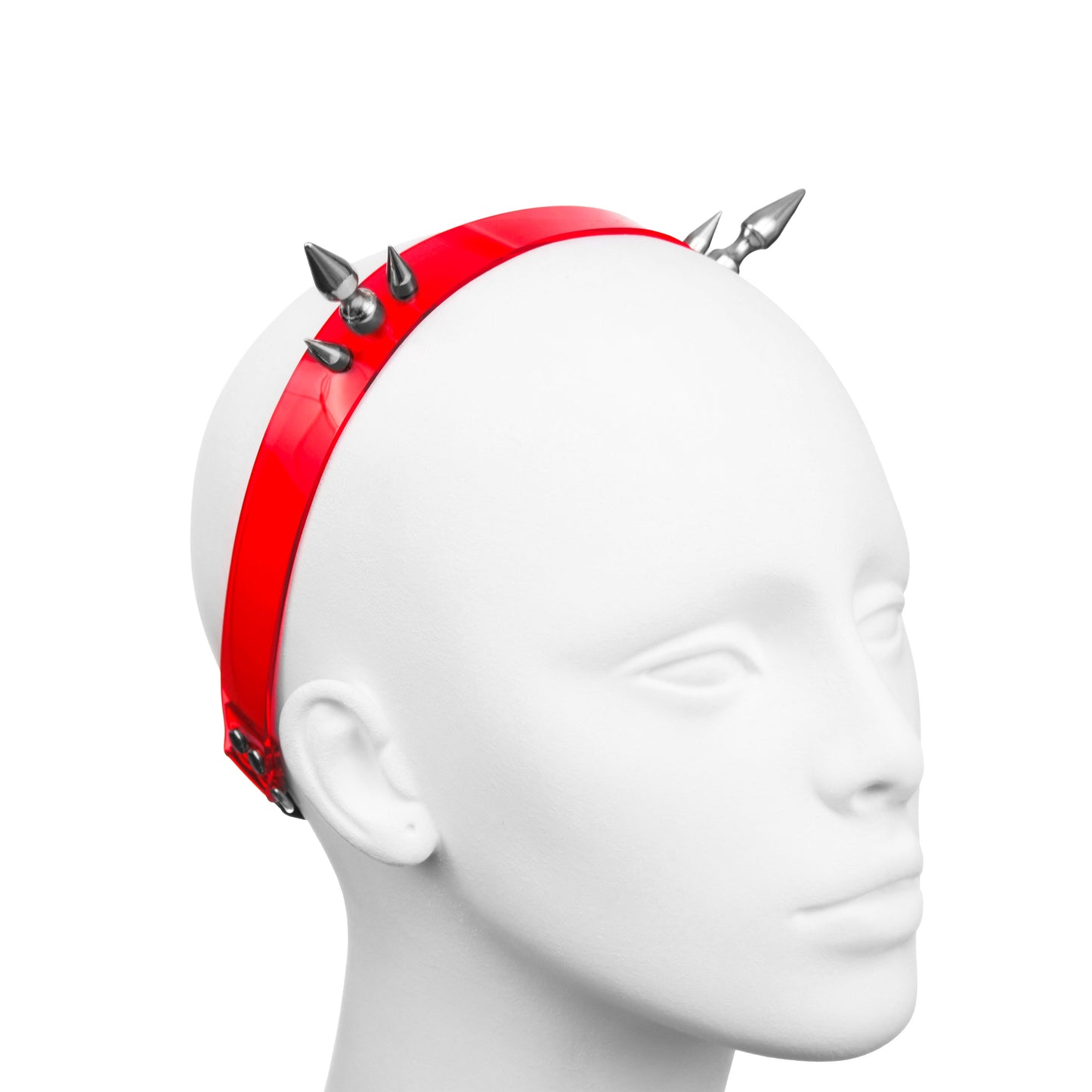 Profile of translucent red gothic PVC headband with two clusters of three spikes.