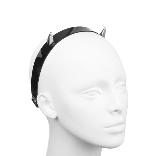 Gothic gloss black PVC headband with two stainless steel devil horn spikes.