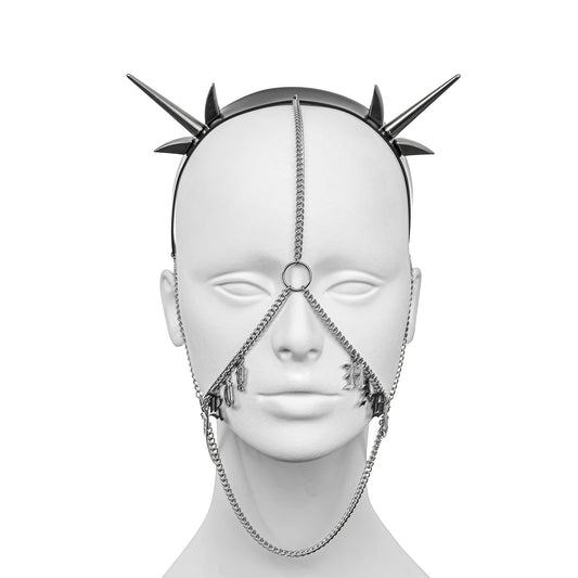 Gothic headdress with a black PVC headband, silver spikes, draping chains, and 'DIRTY HABIT' spelled in stainless steel gothic lettering across both cheeks.