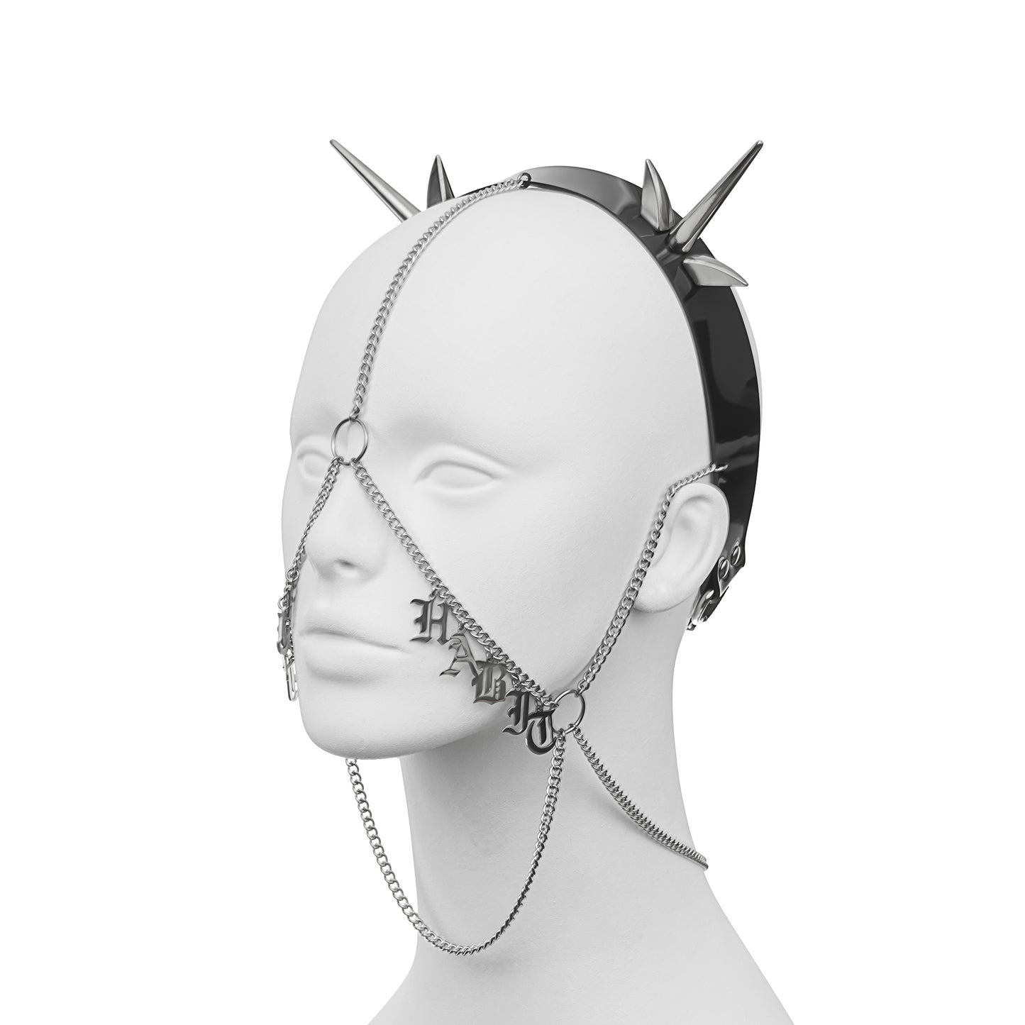 Black PVC headband with silver spikes and draping chains, featuring the word 'HABIT' in stainless steel gothic lettering across the left cheek, part of the full phrase 'DIRTY HABIT'.