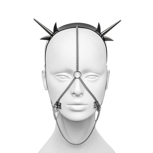 Striking gothic headdress featuring a black PVC headband, silver spikes, draping chains, and 'GOTH NERD' spelled out in stainless steel gothic lettering across both cheeks.