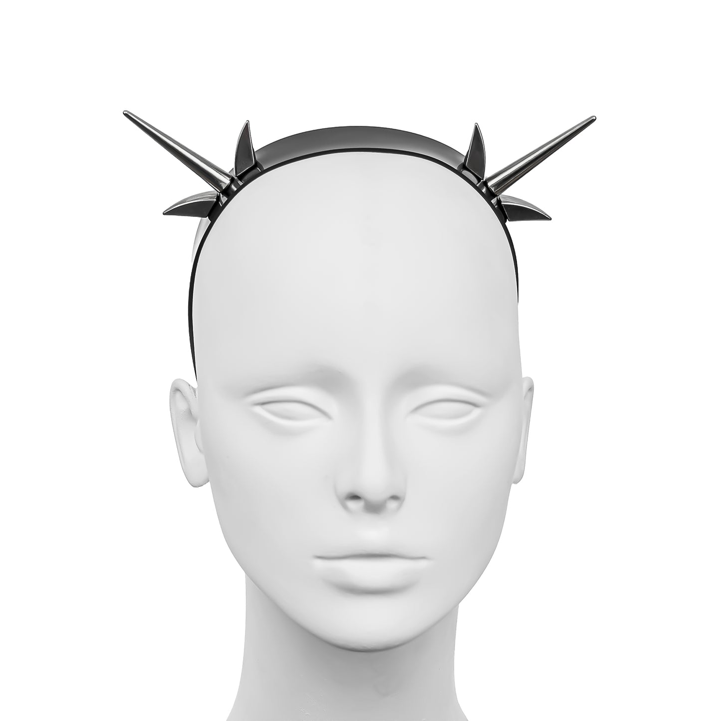 Front view of an industrial-style black PVC headband featuring two groups of silver spikes, each with a central spike and two dragon claw spikes on either side, creating a bold, alternative look.