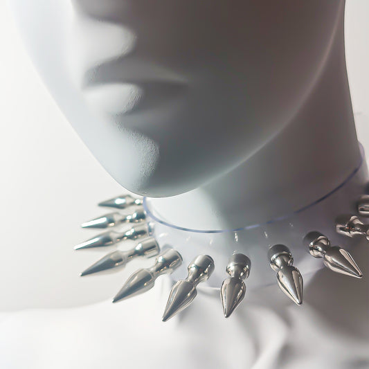 Alternative clear PVC collar with chunky silver bullet spikes