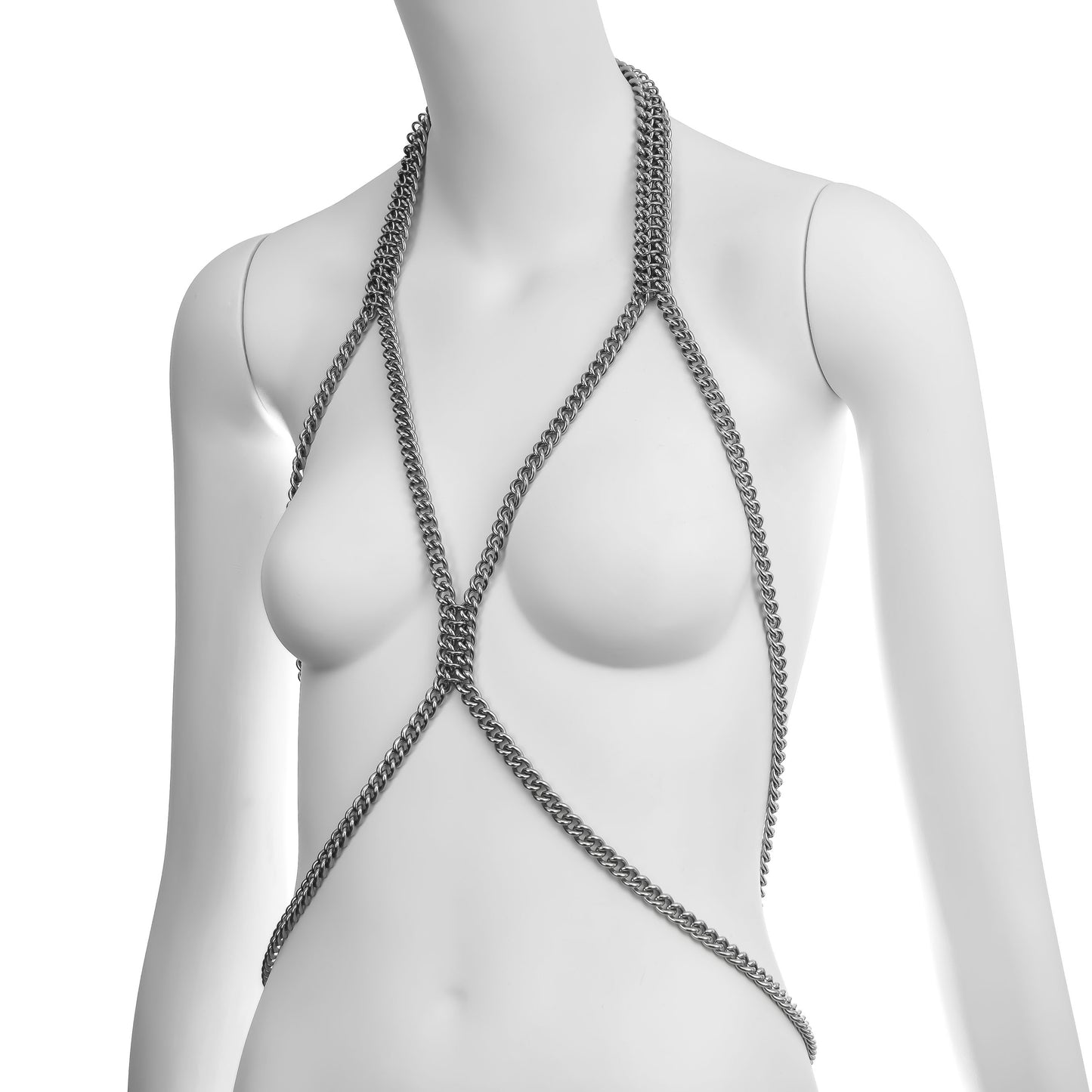 A mannequin torso adorned with chains, showcasing KatzLittleFactory's LINKZ body chain harness design from the left.