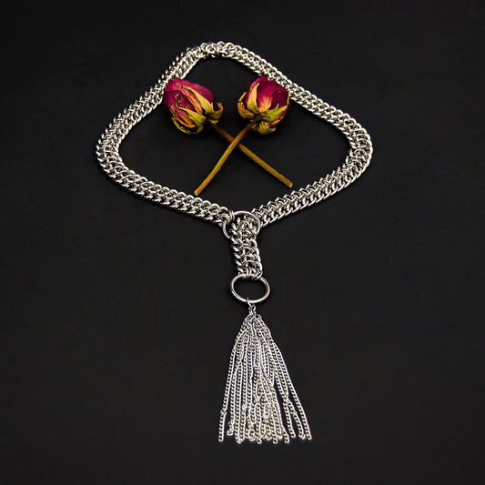 Stainless steel lariat-style necklace with a thick chain and tassel
