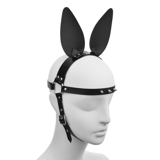 Black PVC bunny head harness with large ears, and forehead with spikes.