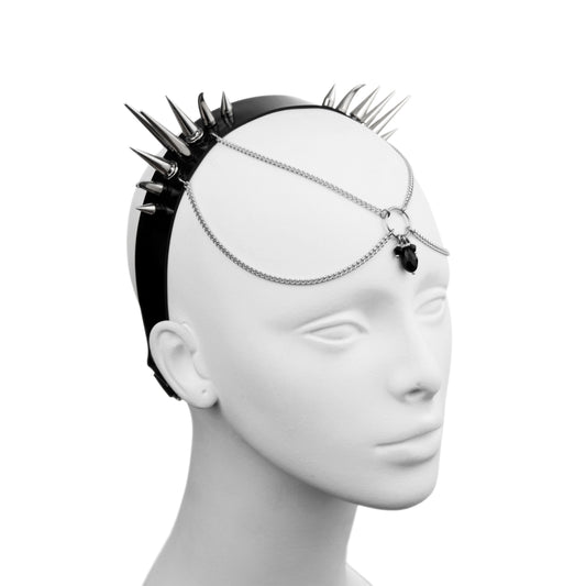 Gothic spiky headband with chain veil with black crystal face jewelry.