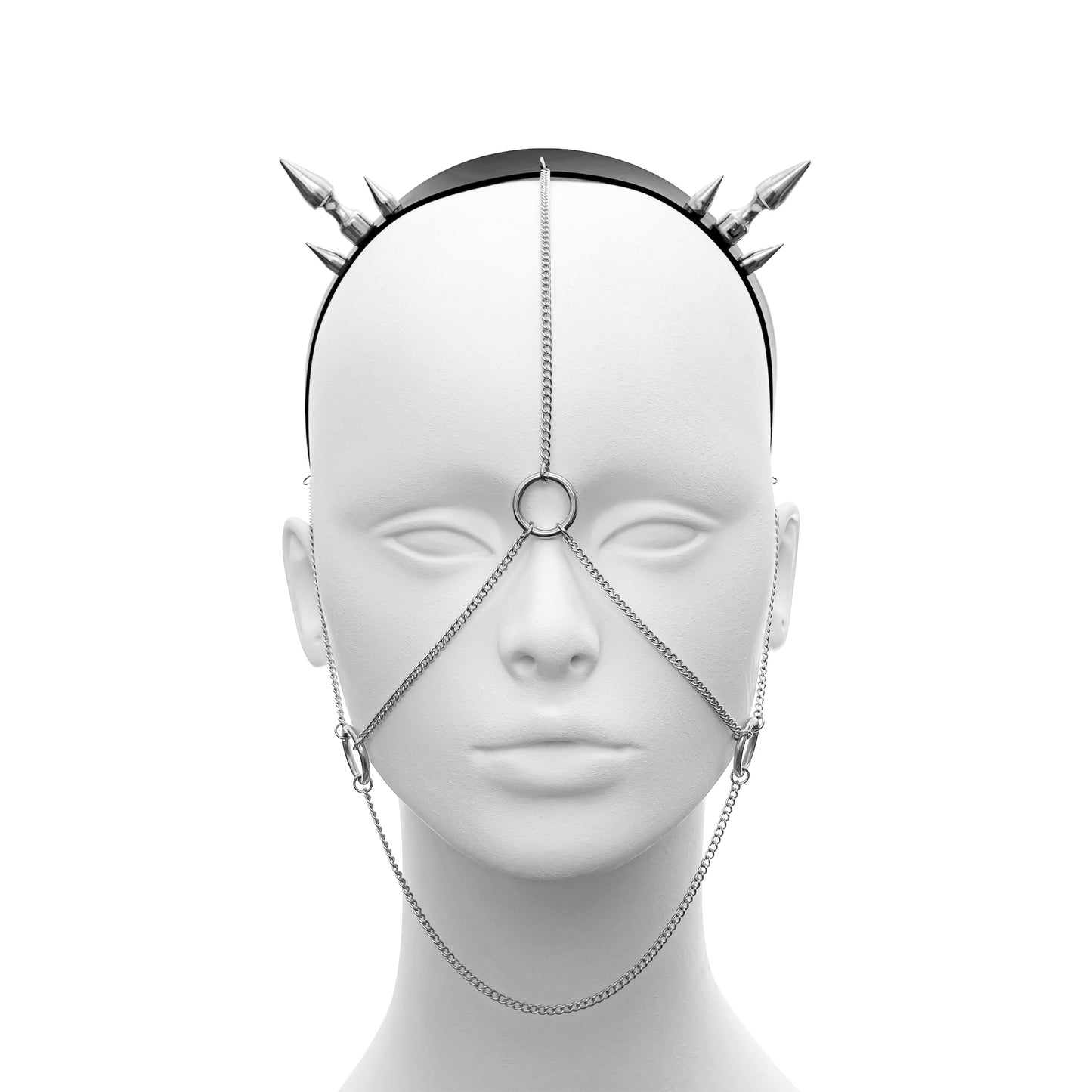Gothic headpiece with delicate chain front head harness and spike headband.