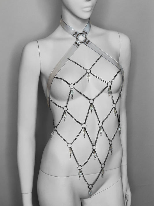 Clear gothic PVC body harness with a network of stainless steel chain and clear glass beads.