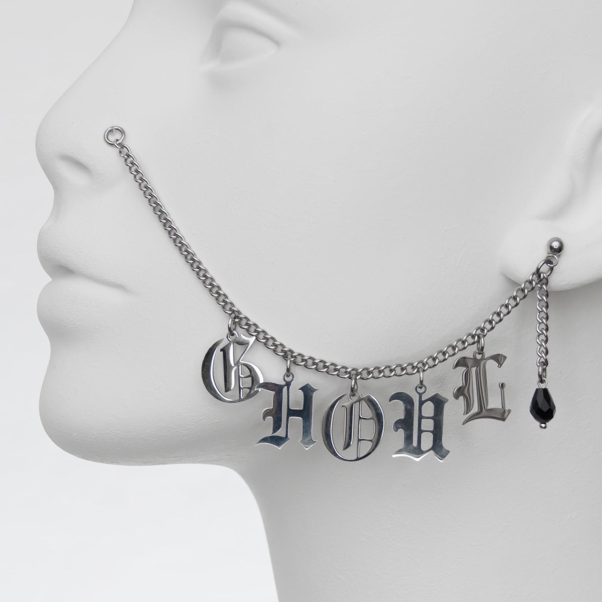 Nose to ear chain. Face jewerly with Gothic lettering and black crystal droplet earring