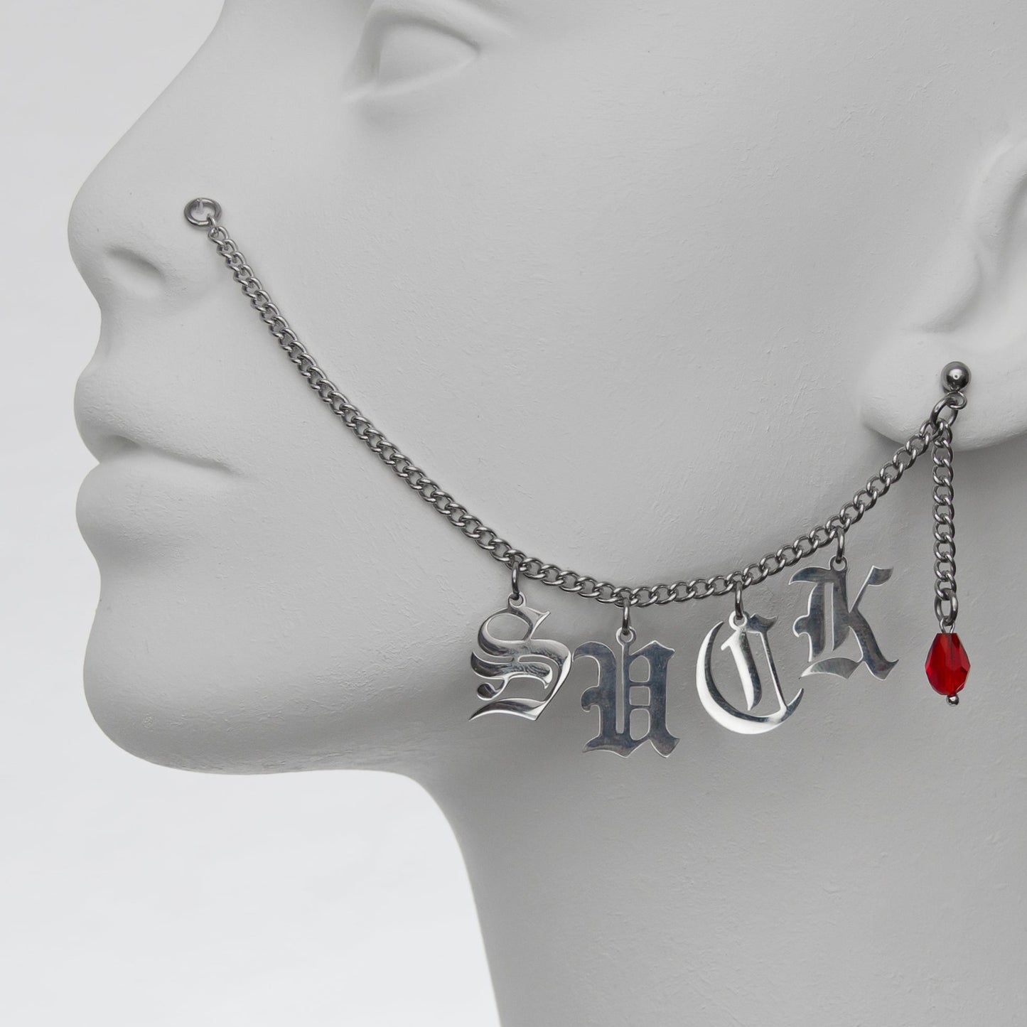 Custom nose to ear chain face jewerly with Gothic wording charms and black crystal droplet earring.