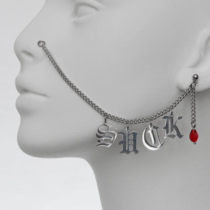 Custom nose to ear chain face jewerly with Gothic wording charms and black crystal droplet earring.