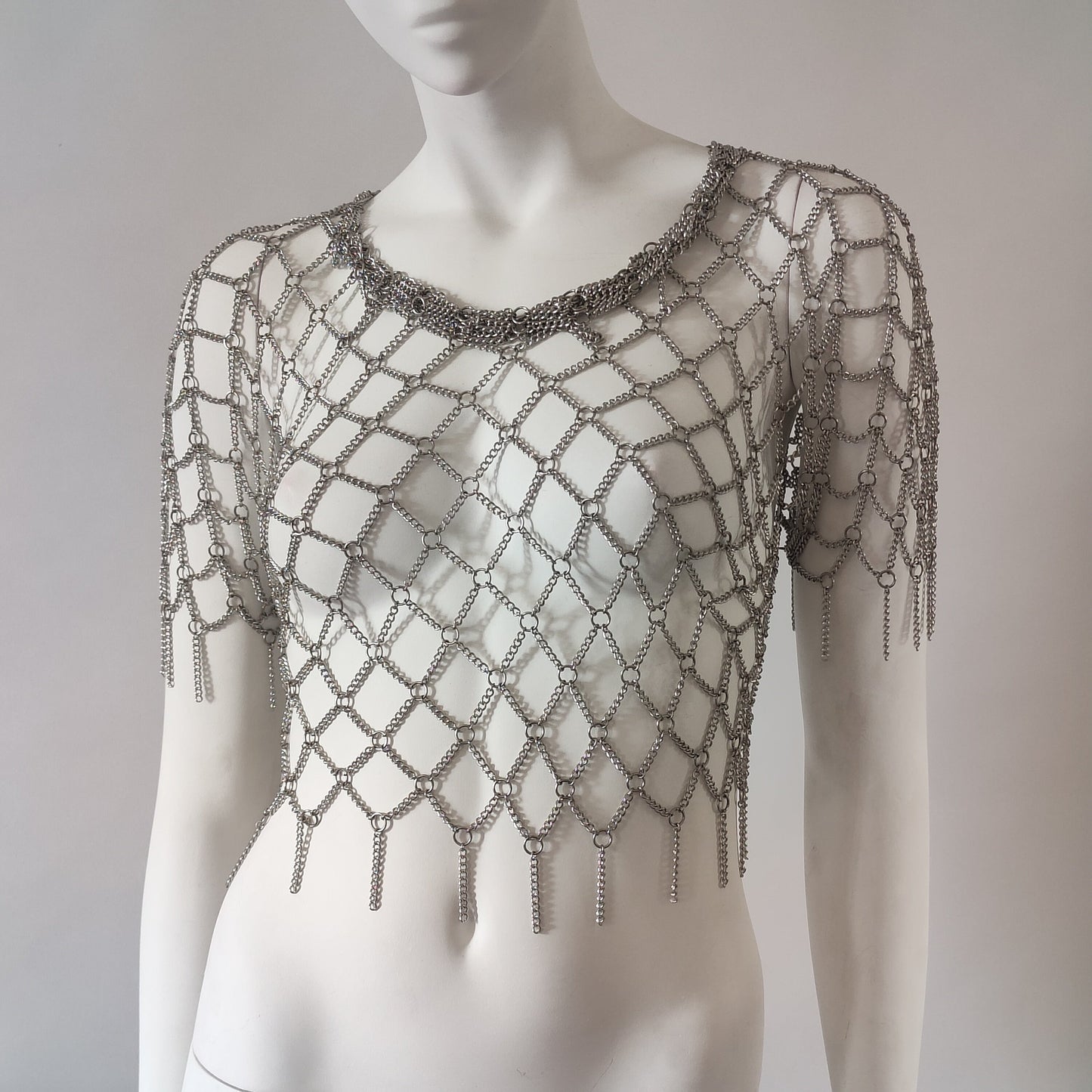 Mannequin wearing a sheer, steel mesh crop top with short sleeves on a plain background.