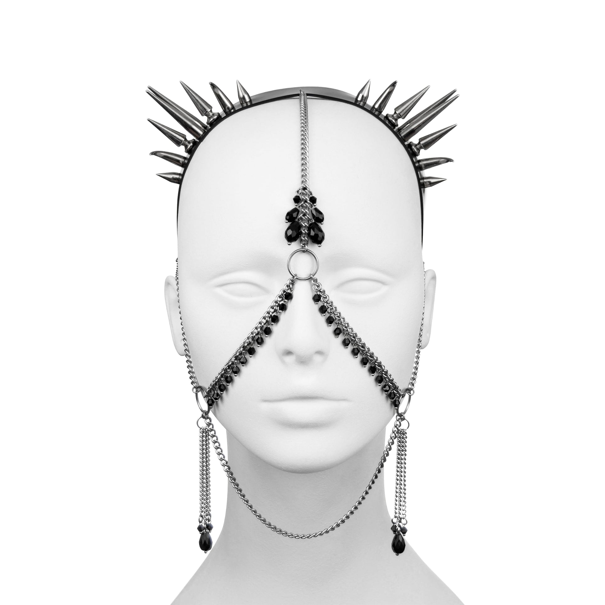 Beaded face chain jewellery headdress with spiky headband.