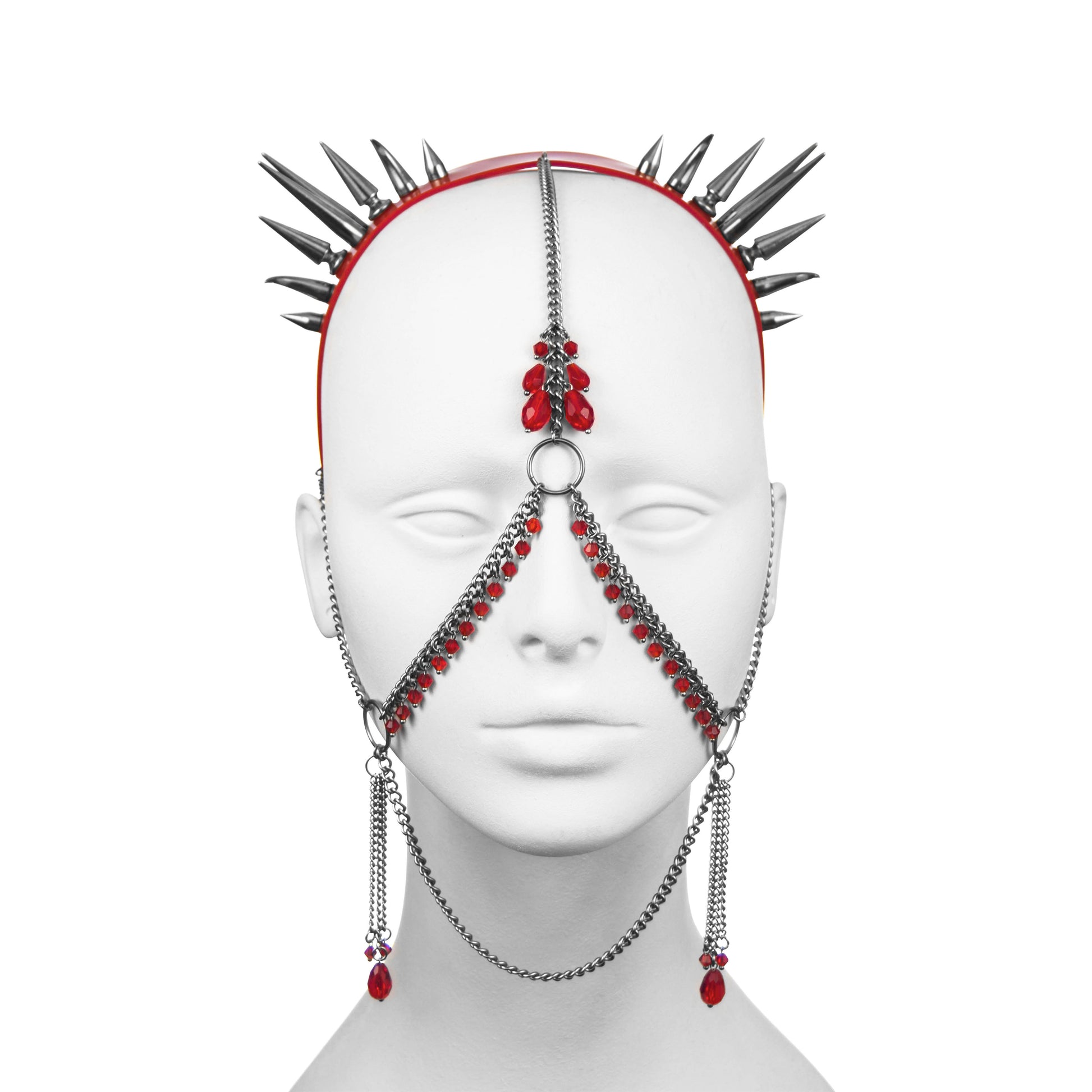 Gothic headdress with red crystal beaded face jewelry and a spike headband top.