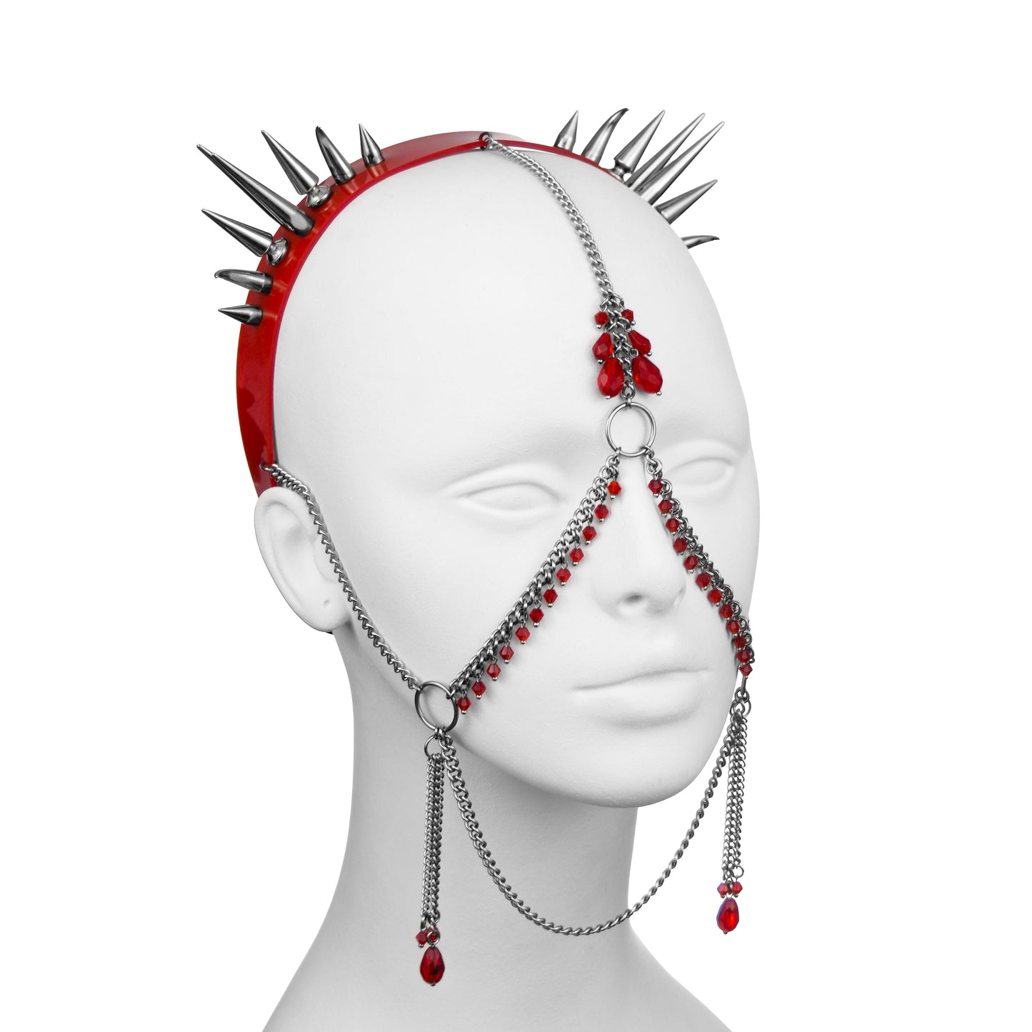 Gothic headdress with red crystal face jewelry and spike halo crown headband.