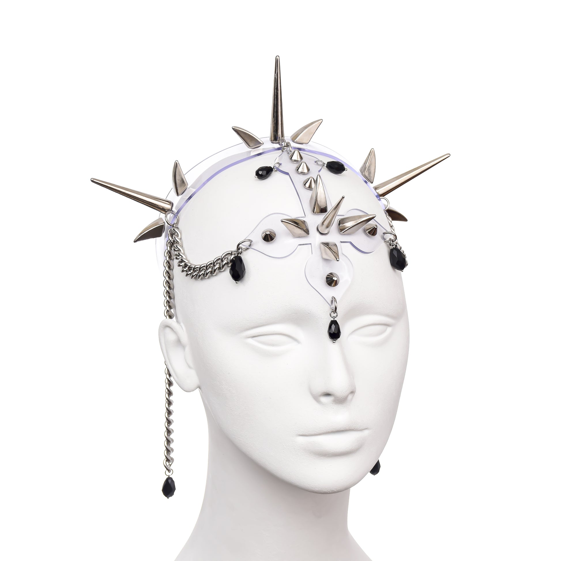 Clear PVC statement headpiece featuring geometric silver spike accents, inverted cross motif, and suspended chains with black glass teardrop beads - ethereal yet bold haute couture accessory for alternative fashion styling