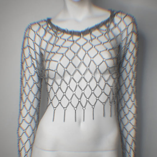 Mannequin wearing a fishnet metal top with long sleeves on a plain background