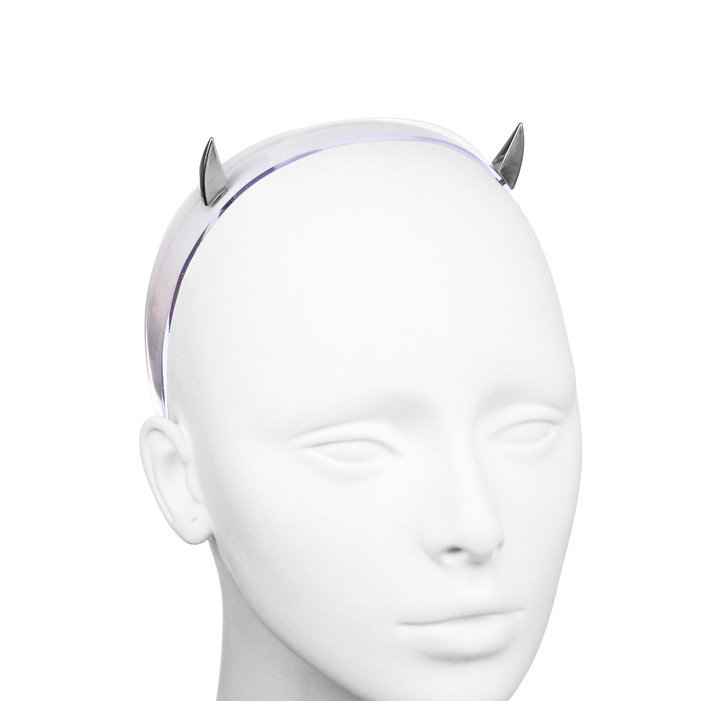 Devil spike horns headband with metal spikes and clear see through headband.