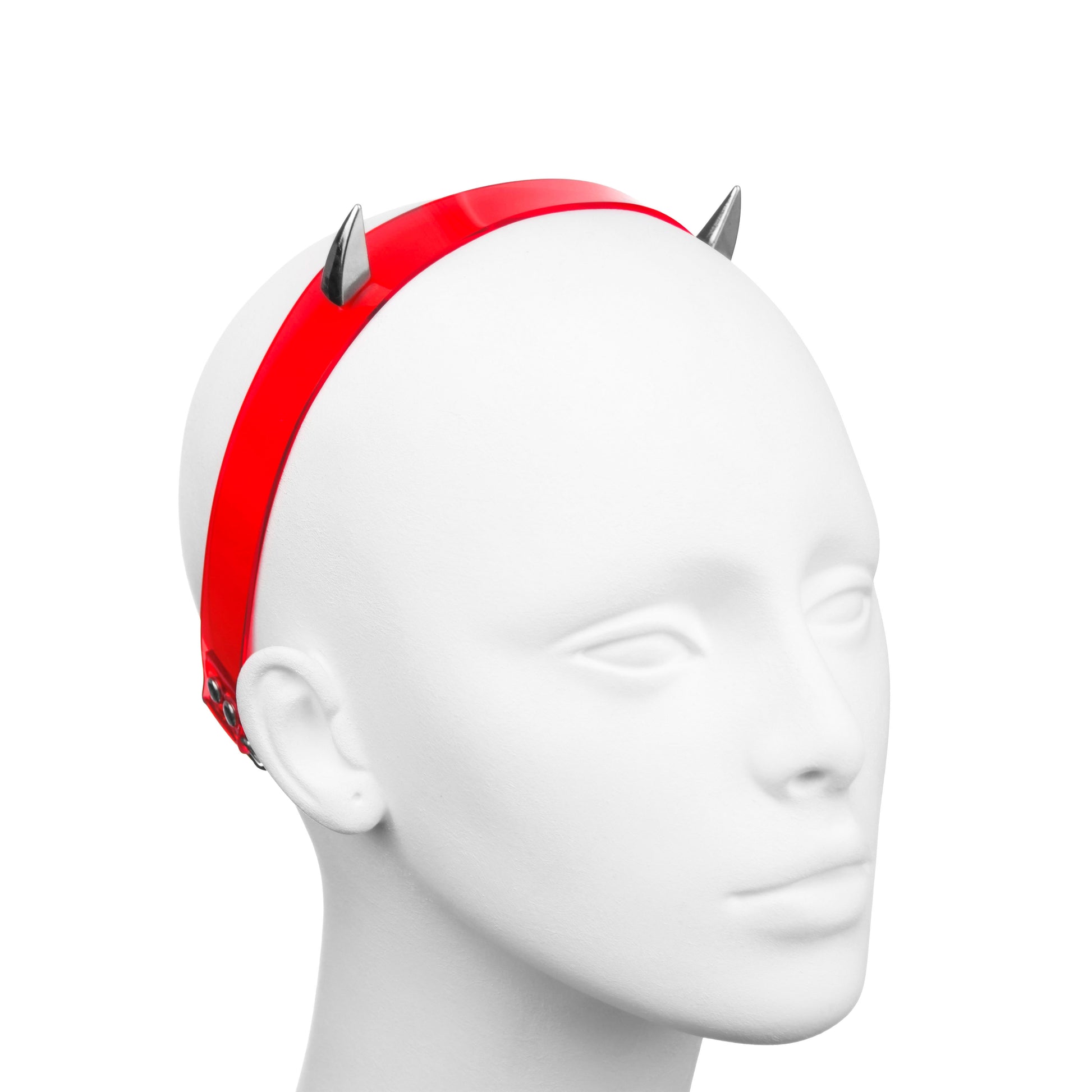 Metal spike horns headband on a translucent red PVC base.