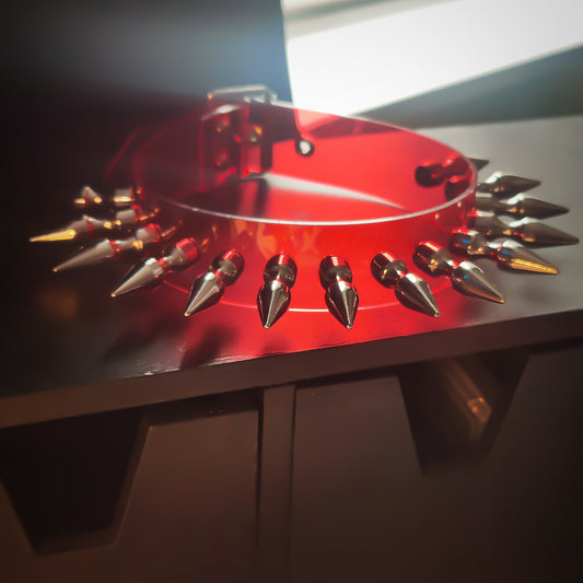 Alternative choker made of translucent red PVC, adorned with sharp silver studs