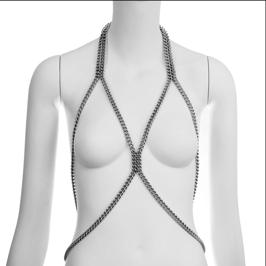 A mannequin torso showcasing KatzLittleFactory's LINKZ body harness design, with decorative chains from the front.