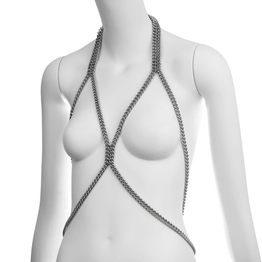 A mannequin torso adorned with chains, showcasing KatzLittleFactory's LINKZ body chain harness design from the left.