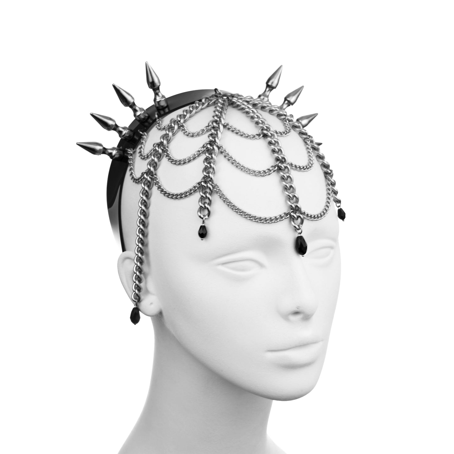 Spider web chain mask headdress with spike headband.