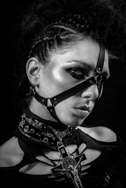 Fantasy model wearing a minimalist face harness
