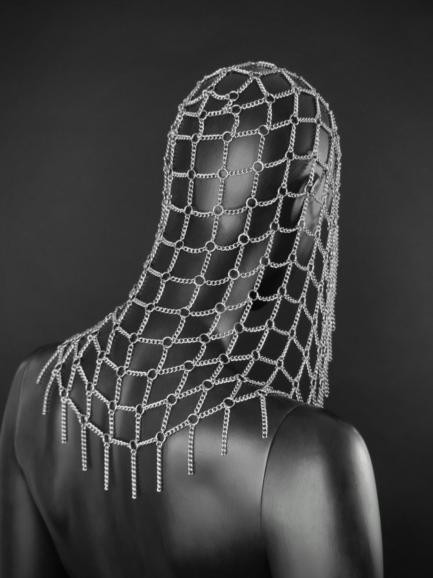 Halloween inspired chain mail fantasy inspired headdress with shoulder length.