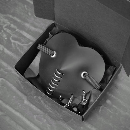 Black heart shape costume eye patch with black glass tear droplets and chain face jewerly.