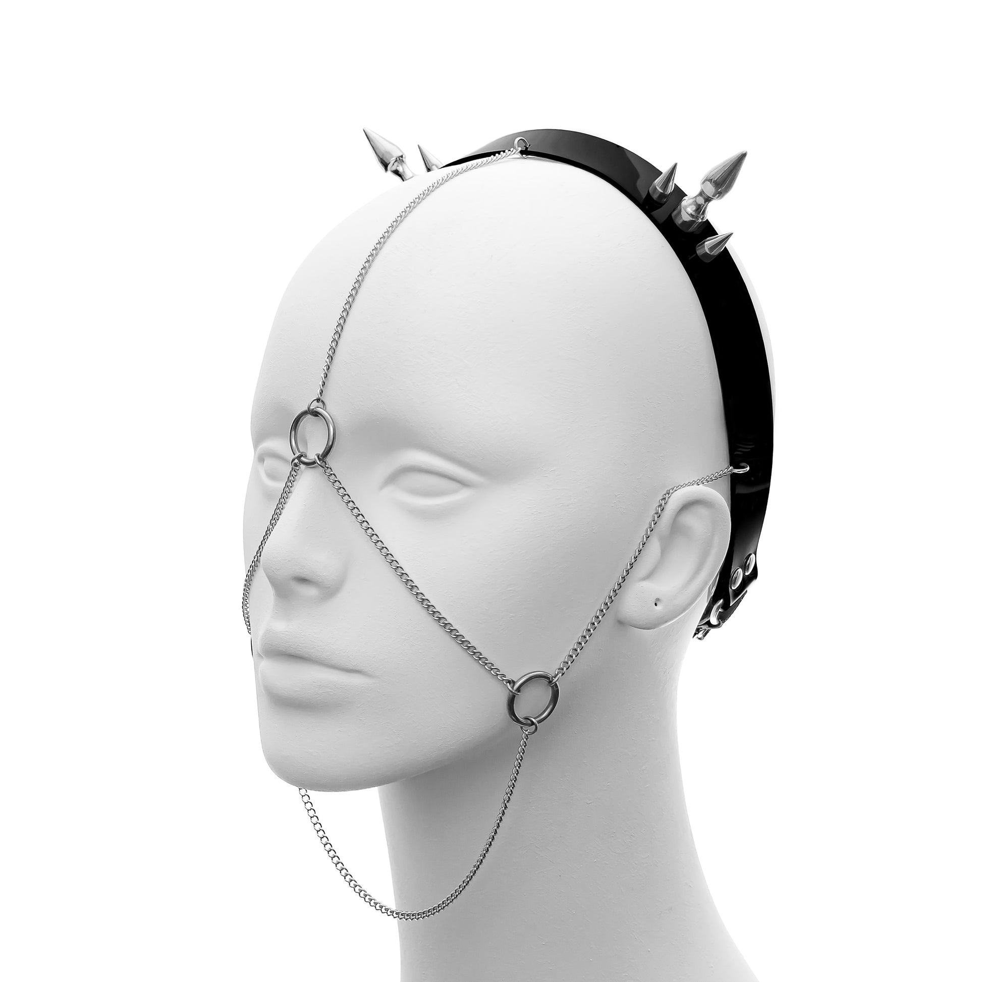 Cyberpunk head harness with face chain harness front and spike horns headband.