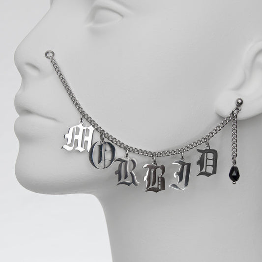 Custom nose to ear chain face jewerly with Gothic lettering  and black crystal droplet earring.