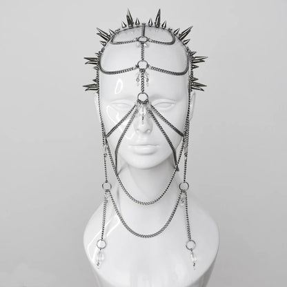 Elaborate gothic headdress with a clear PVC headband, clusters of spikes, and stainless steel chains and clear glass beads face jewellery.