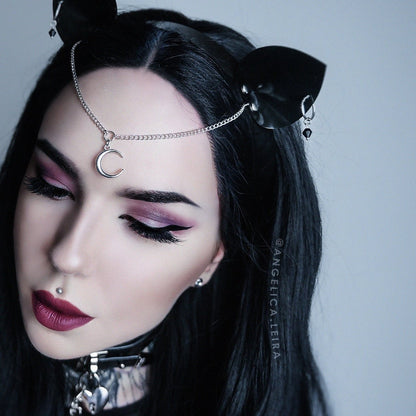 Gothic cat ear headband with pierced ears, black glass beads, and a chain headpiece.